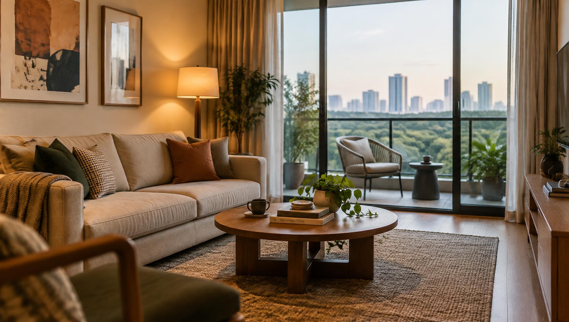 Warm Velmond suite living room with balcony view